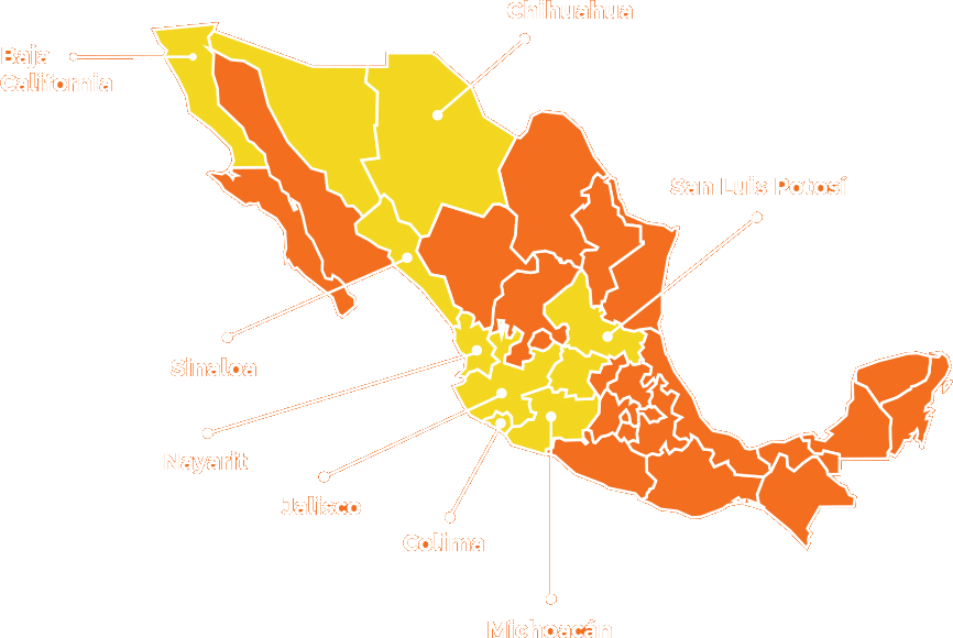 Imagen de mapa de Mexico con localizaciones de distribucion de Quinval